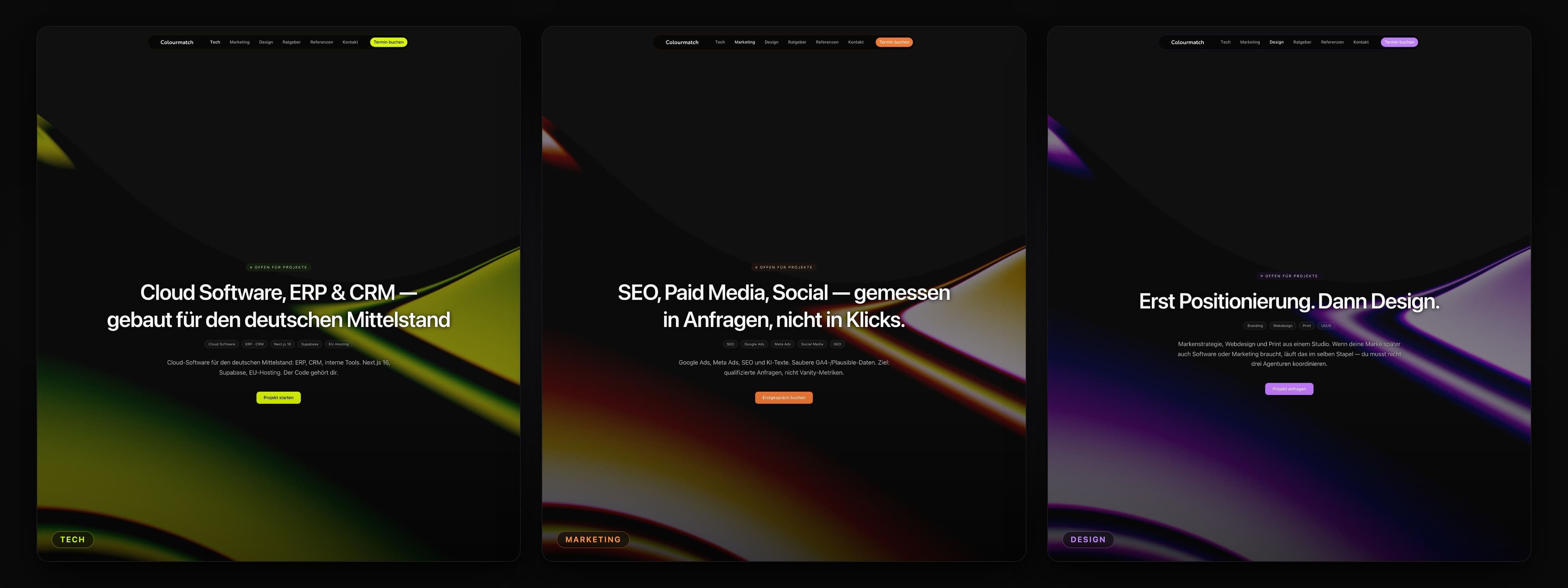 Colourmatch — drei Pillar-Pages (Tech, Marketing, Design) als Composite